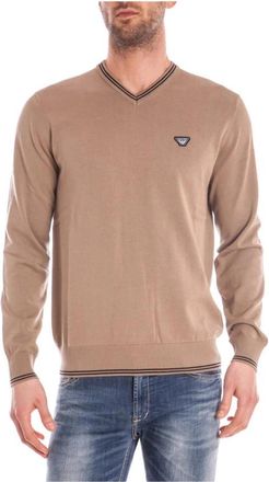 Armani Jeans Gezellig Gebreide Trui - Heren - V-hals truien - Beige - 2XL - Katoen - Truien & Vesten