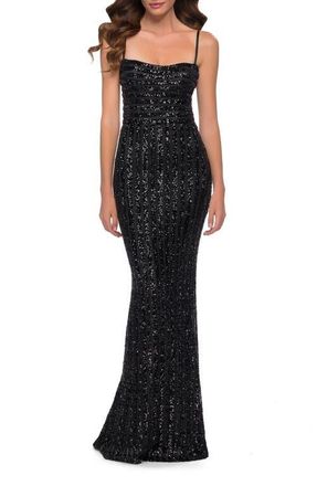 La Femme Modern Gown with Thick Line Sequin Fabric in Black at Nordstrom, Size 12