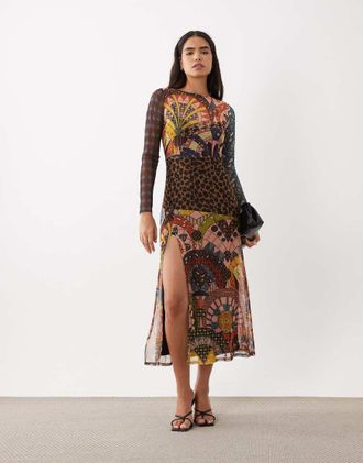 Never Fully Dressed vestito midi in rete a maniche lunghe con spacco alto e stampa astratta-Multi