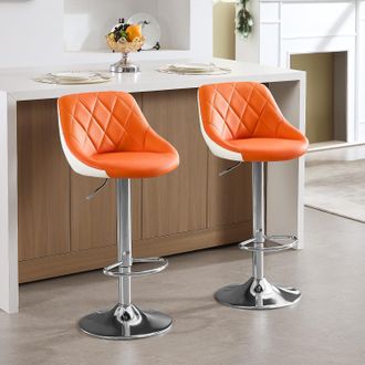 Woltu 2x Taburetes De Bar Con Respaldo Cuero Sint&eacute;tico Taburetes Alto Cocina Regulable En Altura Taburetes Giratorio Sillas Bar Taburete De Trabajo Naranja+