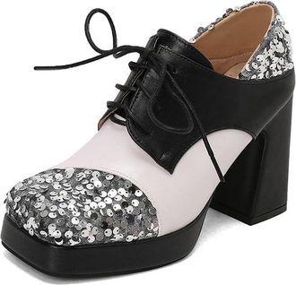 Generic Womens Classic Lace Up Glitter Sequins Patchwork Oxfords Brouges Shoes Chunky Platform Square Toe Dress Pumps Loafers (Silver,5.5)