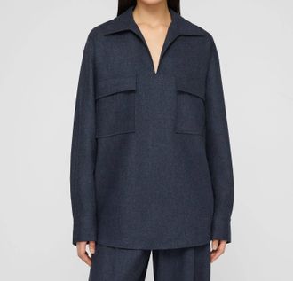 Lafayette 148 New York Patch Pocket Popover Blouse In Admiral Blue