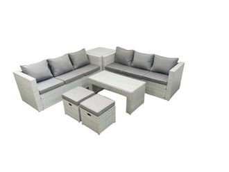 Fimous 8 Seater Garden Outdoor Rattan Furniture Set Rattan Garden Sofa Oblong Coffee Table with 2 Small Footstool Side Table Light Grey Mixed