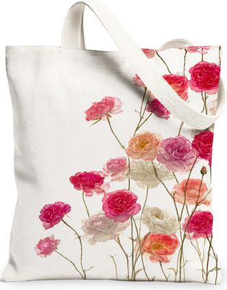 Generic Floral Canvas Tote Bags, Flower Pattern Reusable Grocery Bags, Spring Vintage Lightweight Washable Shoulder Strap Canvas Fo, White, 13x15 Inch