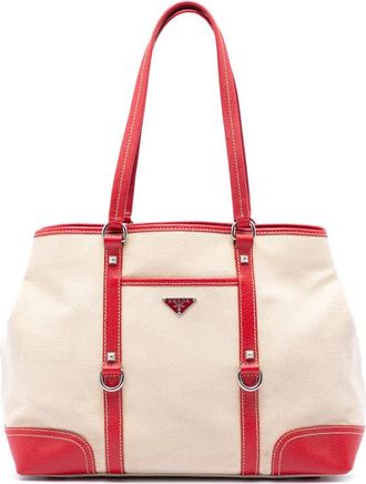 Prada Pre-owned Prada Studded Leather Trimmed Canvas Front Pocket Tote Ladies XV2PBWTSPP7KPN2P