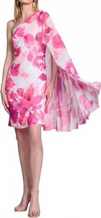 Joseph Ribkoff Floral Print One-Shoulder Cape Sleeve Mini Dress In Vanilla/multi