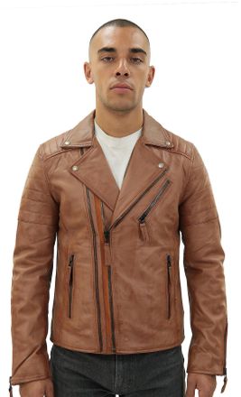 Infinity Leather Mens Brando Double Cross Zip Biker Jacket-Casablanca - Tan - Size X-Large