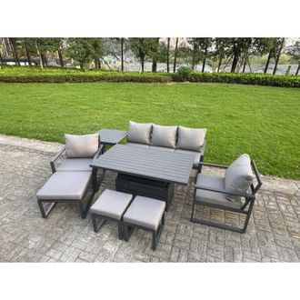 Fimous Fimous Aluminium Garden Furniture Sets 8 Seater Outdoor Sofa Set with Adjustable Rising Lifting Dining Table 2 Chairs 3 Footstools 2 Side Tables