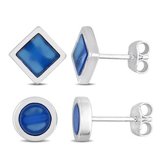 Amour Mens 2-Piece Set 1 5/8ct TGW Blue Agate Square and Round Stud Earrings in Sterling Silver