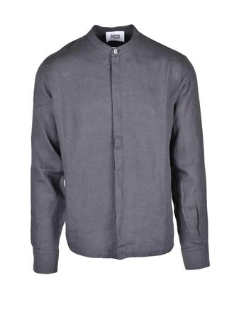 Alpha Studio Grey Linen Mandarin Collar Shirt
