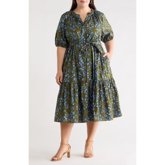 Sugarlips Solvay Floral Wynette Cotton Tiered Midi Shirtdress in Green-Blue-Multi at Nordstrom, Size 1X