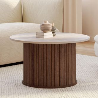 IDMarket Juliette Mesa De Centro Redonda De 70 Cm Con Tablillas Efecto Nogal Y Tablero De Travertino