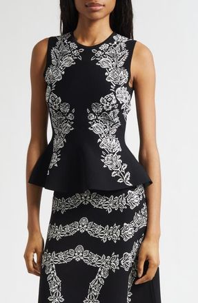 Ulla Johnson Vanna Floral Jacquard Peplum Tank in Noir at Nordstrom, Size X-Large