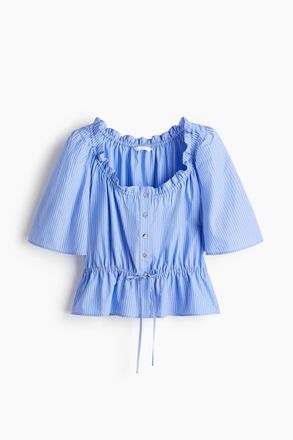 H&M Baumwollbluse mit Volants - Hellblau/Gestreift