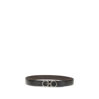 Ferragamo Double Gancini Buckle Calf Leather Belt - Black