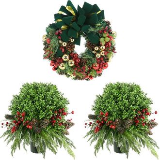 Creative Displays Inc. 26In Christmas Holiday Wreath & 2 Uv-Rated Boxwood Topiary Drop-Ins