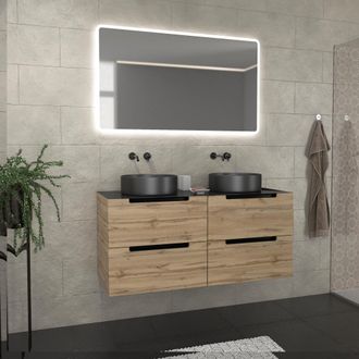 Aurlane Aurlane - Mueble De Ba&ntilde;o 120cm Roble Y Negro, Lavabos Redondos &Oslash;36cm Y Espejo Led 120x70 - Omega