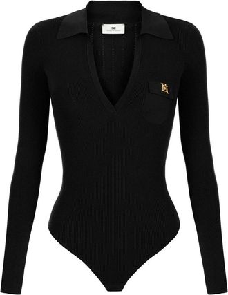 Elisabetta Franchi Gebreide Bodysuit met Openwerk Borduurwerk - Dames - Bodies - Zwart - M - Tops