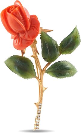 Luxury Bazaar 14K Rose Gold Diamond, Coral, and Jade Flower Brooch MF08-073026