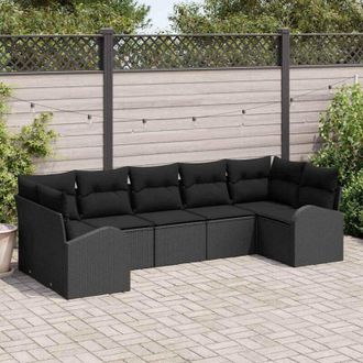 vidaXL Vidaxl - Conjunto De Sof&aacute; De Jard&iacute;n Con Coj&iacute;n 7 Pcs Negro Polirat&aacute;n