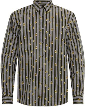 Dries Van Noten Vertical Striped Casual Shirt With Floral Accents