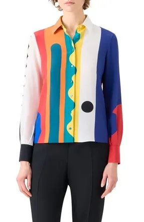 Akris Paravent Print Silk Button-Up Shirt in Orange Multicolor at Nordstrom, Size 10