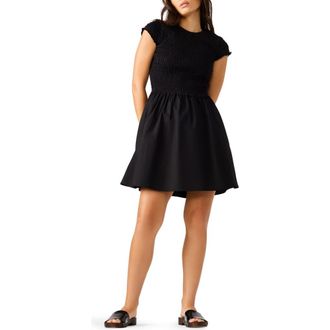 Steve Madden Sheffield Smocked Flare Minidress in Black at Nordstrom Rack, Size X-Small