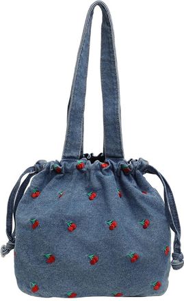 Generic Women Denim Shoulder Bag Embroidered Cherry Underarm Bag Drawstring Handbag Jean Commuting Shopping Bag (Light Blue)