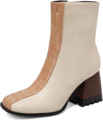 Generic Womens Contrast Panel Ankle Boots Square Toe Chunky Heel Snakeskin Crocodile Pattern Cushioned Insole Non-Slip Outsole Party Daily Streetwear Shoes,Be