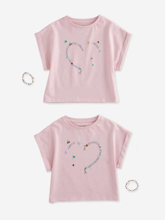 Vertbaudet Set BEST FRIENDS: 2 T-Shirts & 2 Freundschaftsarmb&auml;nder, Herz-Motiv lila