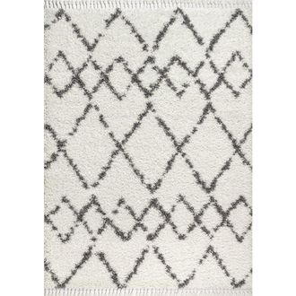 Jonathan Y Designs Mercer Shag Plush Tassel Moroccan Geometric Trellis Area Rug in Ivory/gray at Nordstrom, Size 3Ft 0In X 5Ft 0In