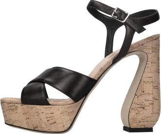 Sergio Rossi Sandaal met plateau van leer en kurk - Dames - Sandalen met hakken - Zwart - 41 EU - Leer - Schoenen