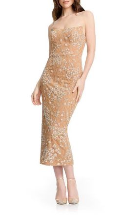 Dress The Population Cosette Beaded Floral Cocktail Sheath Dress in Champagne Multi at Nordstrom, Size Xx-Small