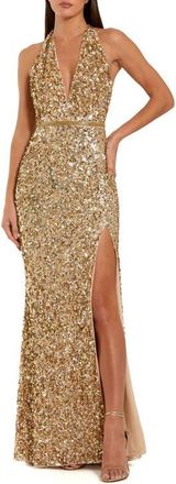 Mac Duggal Sequined Halter Strap Thigh High Slit Gown in Gold at Nordstrom, Size 10