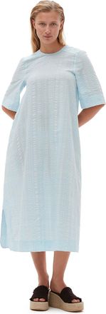 Ganni Short Sleeve Seersucker Check Maxi Dress in Ice Water Size 6 Elastane/Nylon/Organic Cotton Womens