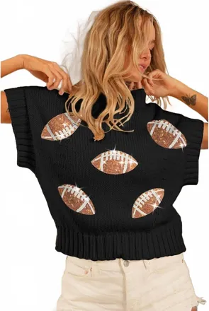 Bibi Sequin Football Patches Rib Sweater In Black