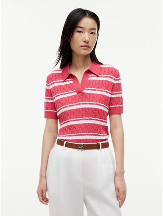 Tommy Hilfiger Womens Striped Cable Knit Sweater Polo - Pink - XXL