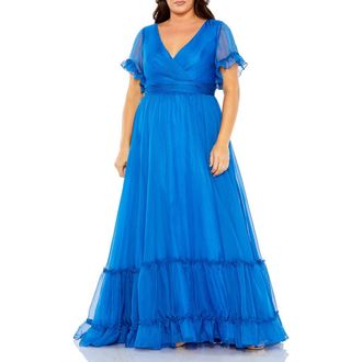 Mac Duggal Chiffon Faux Wrap Flutter Sleeve Tiered Gown in Ocean Blue at Nordstrom, Size 18W