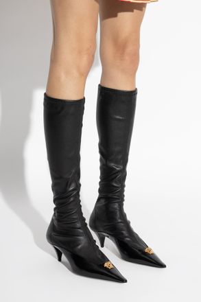 Versace Leather Heeled Boots, Womens, Black