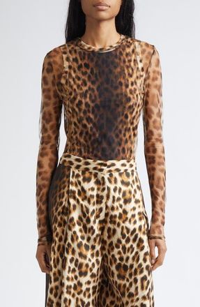 Sportmax Ebu Leopart Print Layered Mesh Top in Beige Shaded at Nordstrom, Size X-Large
