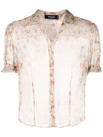 Dsquared2 sheer puff-sleeve floral-print shirt - men - Silk - 50 - Neutrals