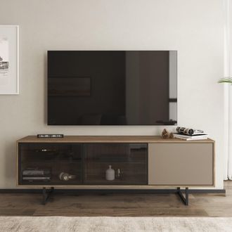 Dmora Mueble Para Tv Serrata, 3 Estantes, 3 Puertas, Detalles De Vidrio En Puerta Y Estantes, 185x40x60h Cm Nogal Marr&oacute;n