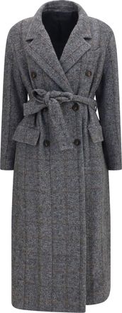 Brunello Cucinelli Womens Long Alpaca-Blend Coat With Belt Grey-Black-Tobacco Grey/black/tobacco