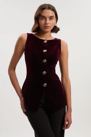 Karen Millen Womens Tailored Velvet Statement Button Front Waistcoat - Burgundy - Size 12 UK