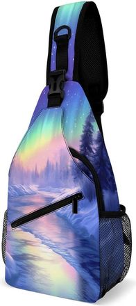 Generic Winter Landscape Northern Light Mens Shoulder Bags Sling Crossbody Backpack Travel Hiking Chest Bag with Small Side 38x20cm