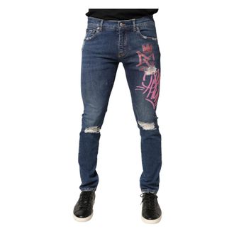 Dolce & Gabbana Slim-fit Jeans, male, Blue, Size: M Distressed Graffiti Print Skinny Jeans