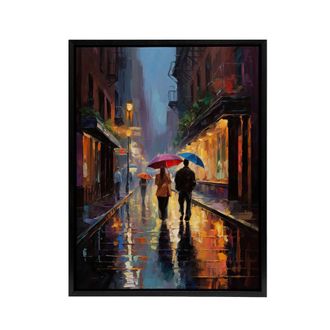 Artery8 Couple On Romantic Walk In The Rain Framed Canvas Wall Art Print in Blue | Size: W24 x H32