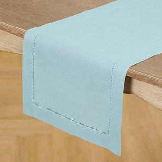 Solino Home Linen Table Runner for Dining Table, Holiday and Everyday Table Decor - Classic Hemstitch in Aqua Blue at Nordstrom, Size Xx-Large