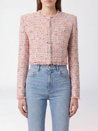Balmain Cropped Bicolor Cotton Tweed Blazer with Fringed Trim