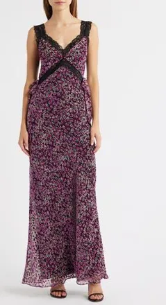 Lulus Lily Lace Trim Sleeveless Velvet Gown in Purple Floral at Nordstrom Rack, Size X-Small